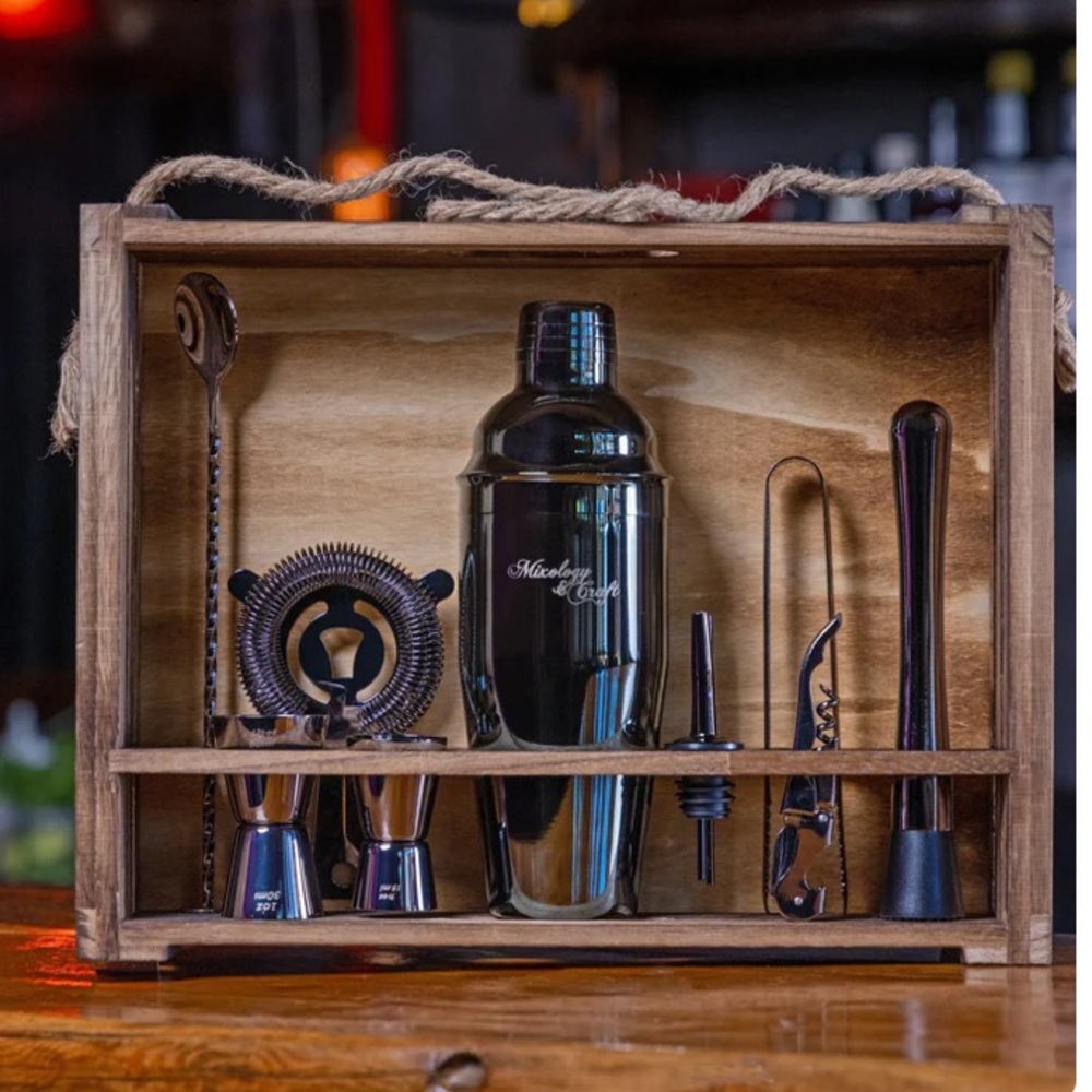 Bartender Kit in Gun Metal Black
with Rustic Wood Crate Stand
